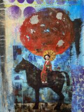 painted and collaged image of a woman on a horse